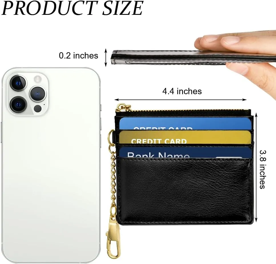 Credit Card Holder Wallet, Minimalist Leather Slim Change Wallet Zipper Coin Purse, Mini Credit Card Protector, Keychain Front Pocket Wallets for Women Men