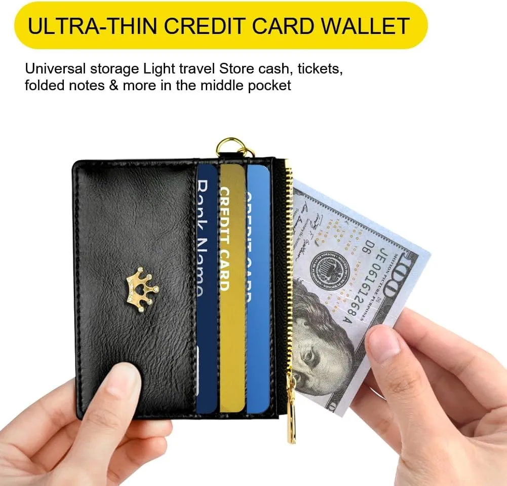Credit Card Holder Wallet, Minimalist Leather Slim Change Wallet Zipper Coin Purse, Mini Credit Card Protector, Keychain Front Pocket Wallets for Women Men