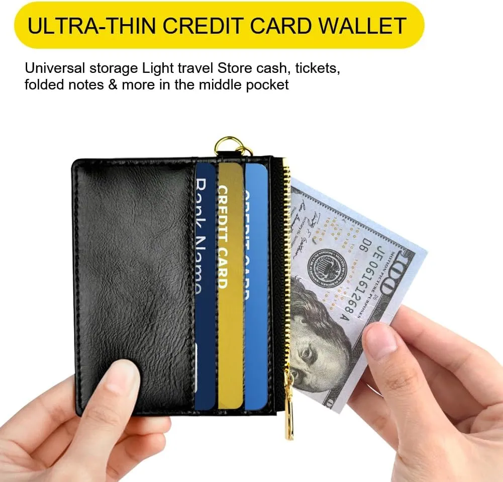 Credit Card Holder Wallet, Minimalist Leather Slim Change Wallet Zipper Coin Purse, Mini Credit Card Protector, Keychain Front Pocket Wallets for Women Men