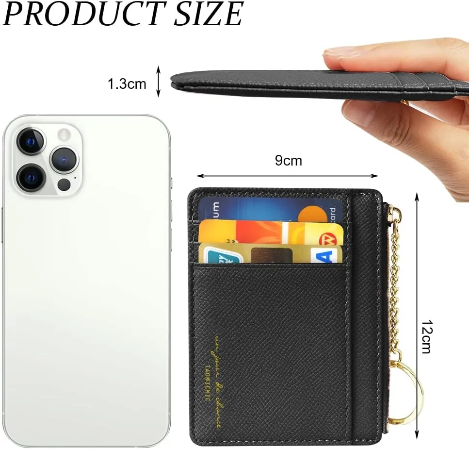 Credit Card Holder Wallet, Minimalist Leather Slim Change Wallet Zipper Coin Purse, Mini Credit Card Protector, Keychain Front Pocket Wallets for Women Men
