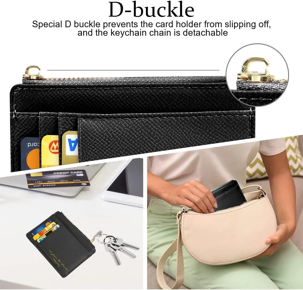 Credit Card Holder Wallet, Minimalist Leather Slim Change Wallet Zipper Coin Purse, Mini Credit Card Protector, Keychain Front Pocket Wallets for Women Men