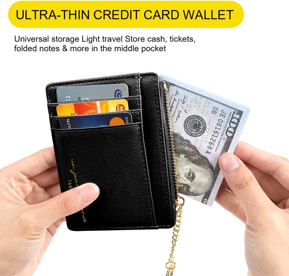 Credit Card Holder Wallet, Minimalist Leather Slim Change Wallet Zipper Coin Purse, Mini Credit Card Protector, Keychain Front Pocket Wallets for Women Men
