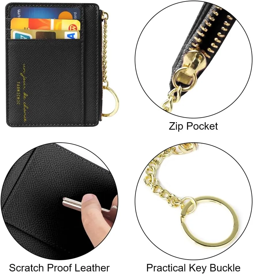 Credit Card Holder Wallet, Minimalist Leather Slim Change Wallet Zipper Coin Purse, Mini Credit Card Protector, Keychain Front Pocket Wallets for Women Men