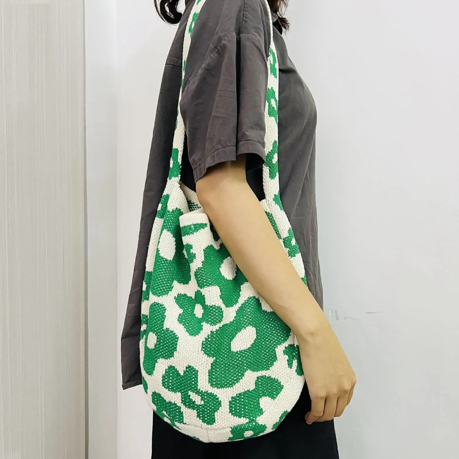 Crochet Bag Bow Purse for Women Coquette Aesthetic Hobo Bag Cute Shoulder Handbag Knitted Flower Printed Heart Tote Bag