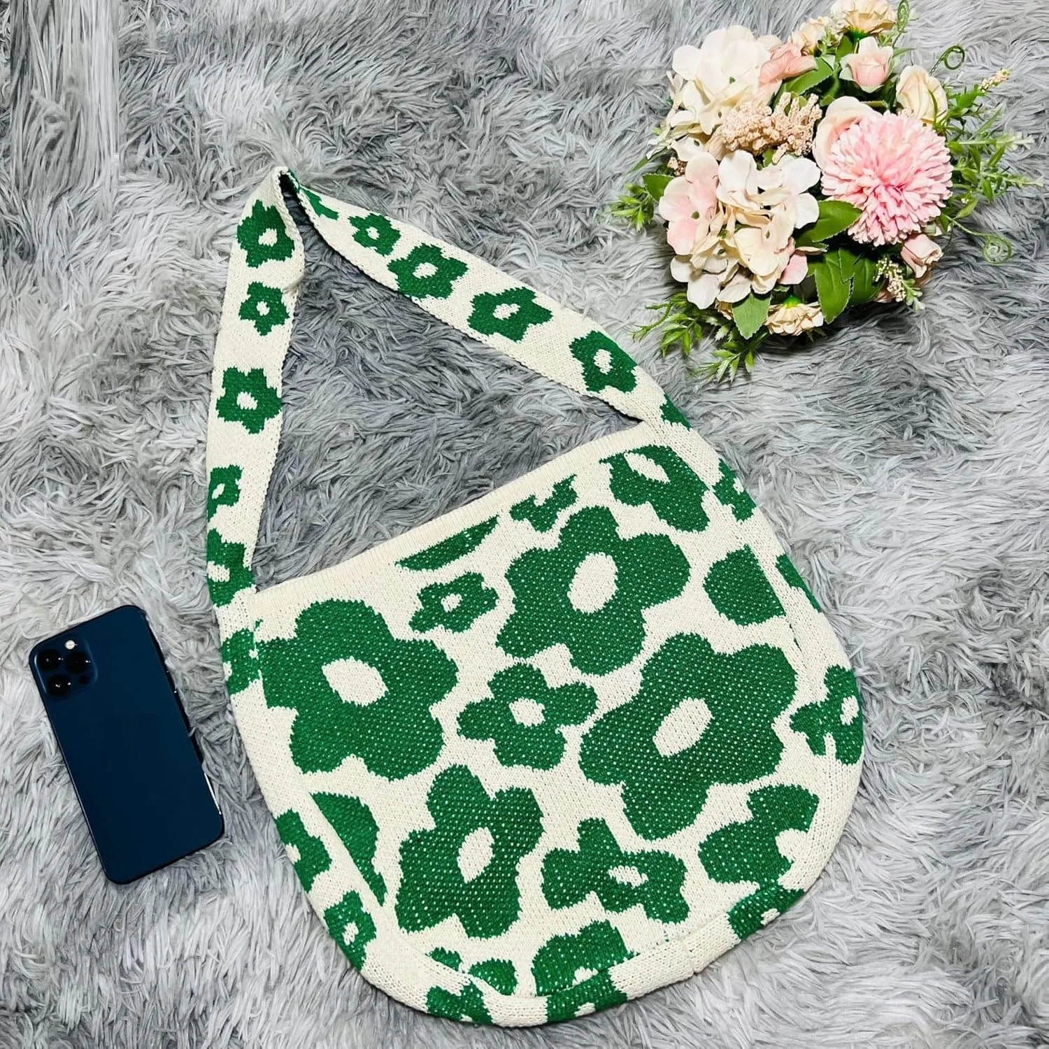 Crochet Bag Bow Purse for Women Coquette Aesthetic Hobo Bag Cute Shoulder Handbag Knitted Flower Printed Heart Tote Bag