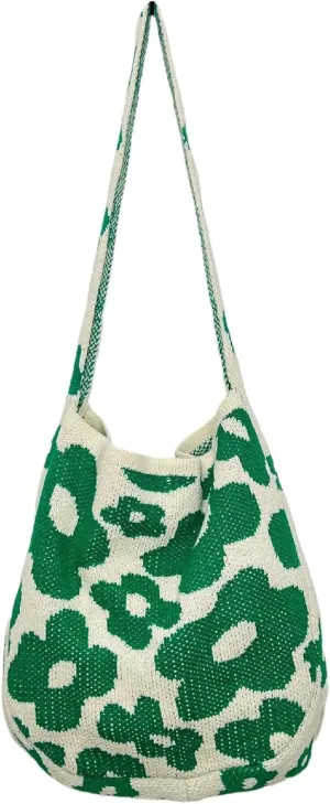 Crochet Bag Bow Purse for Women Coquette Aesthetic Hobo Bag Cute Shoulder Handbag Knitted Flower Printed Heart Tote Bag
