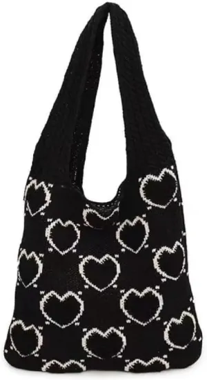 Crochet Bag Bow Purse for Women Coquette Aesthetic Hobo Bag Cute Shoulder Handbag Knitted Flower Printed Heart Tote Bag