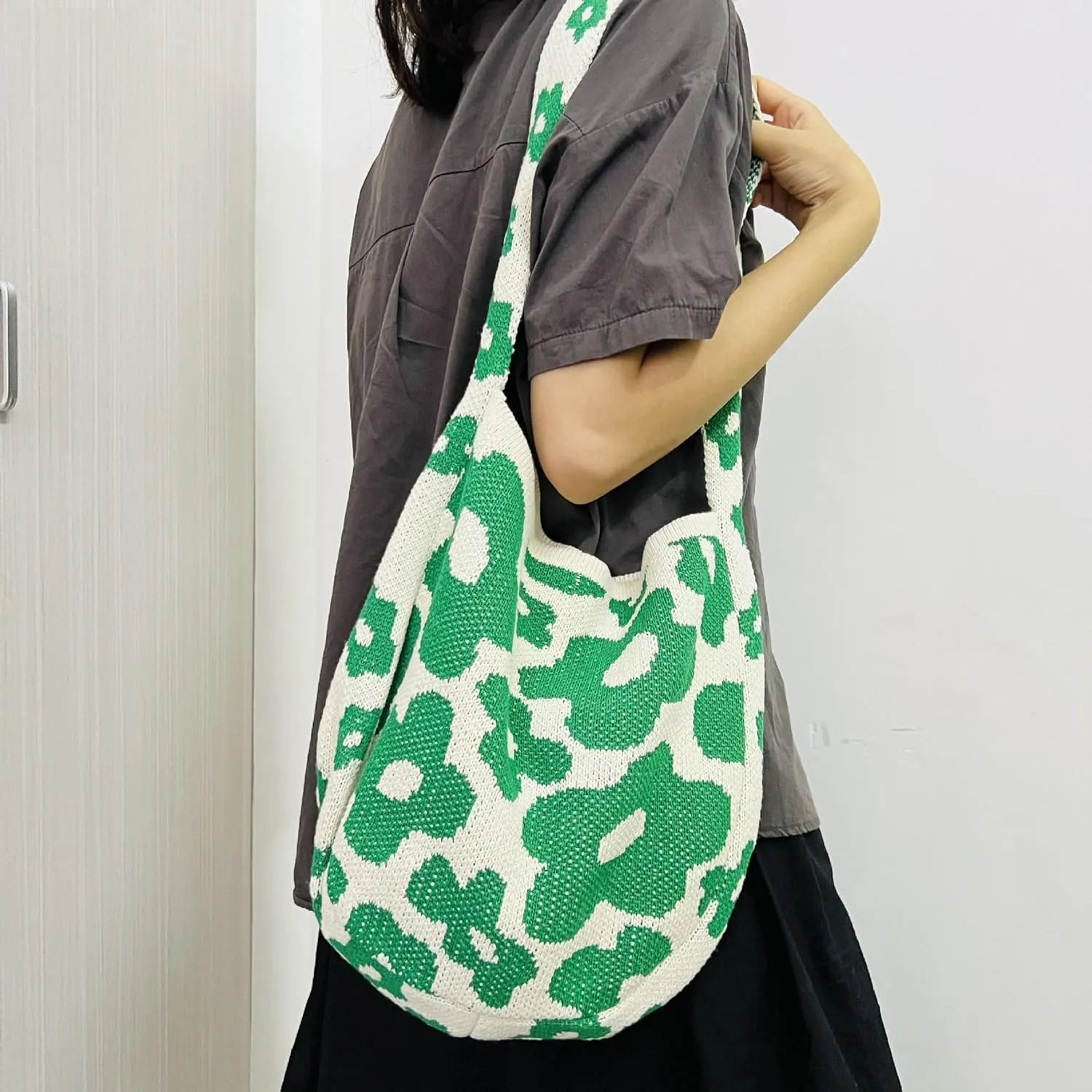 Crochet Bag Bow Purse for Women Coquette Aesthetic Hobo Bag Cute Shoulder Handbag Knitted Flower Printed Heart Tote Bag
