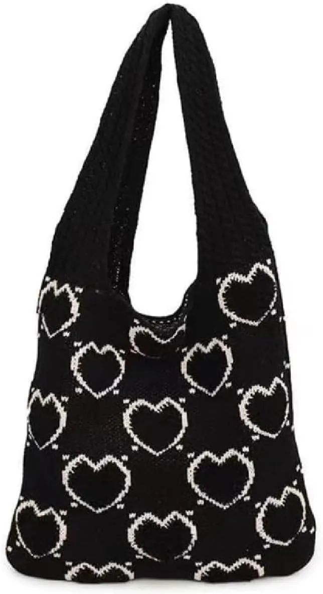 Crochet Bag Bow Purse for Women Coquette Aesthetic Hobo Bag Cute Shoulder Handbag Knitted Flower Printed Heart Tote Bag