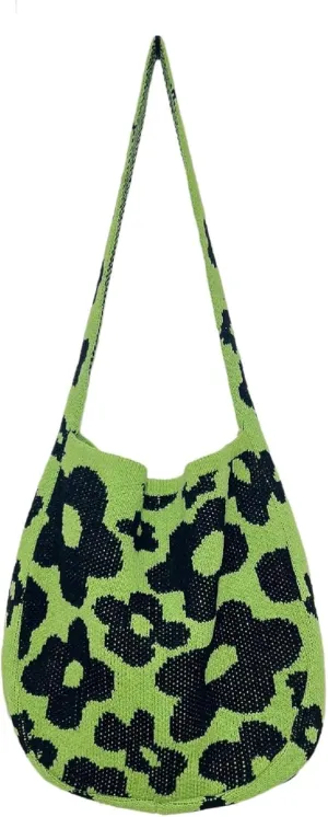 Crochet Bag Bow Purse for Women Coquette Aesthetic Hobo Bag Cute Shoulder Handbag Knitted Flower Printed Heart Tote Bag
