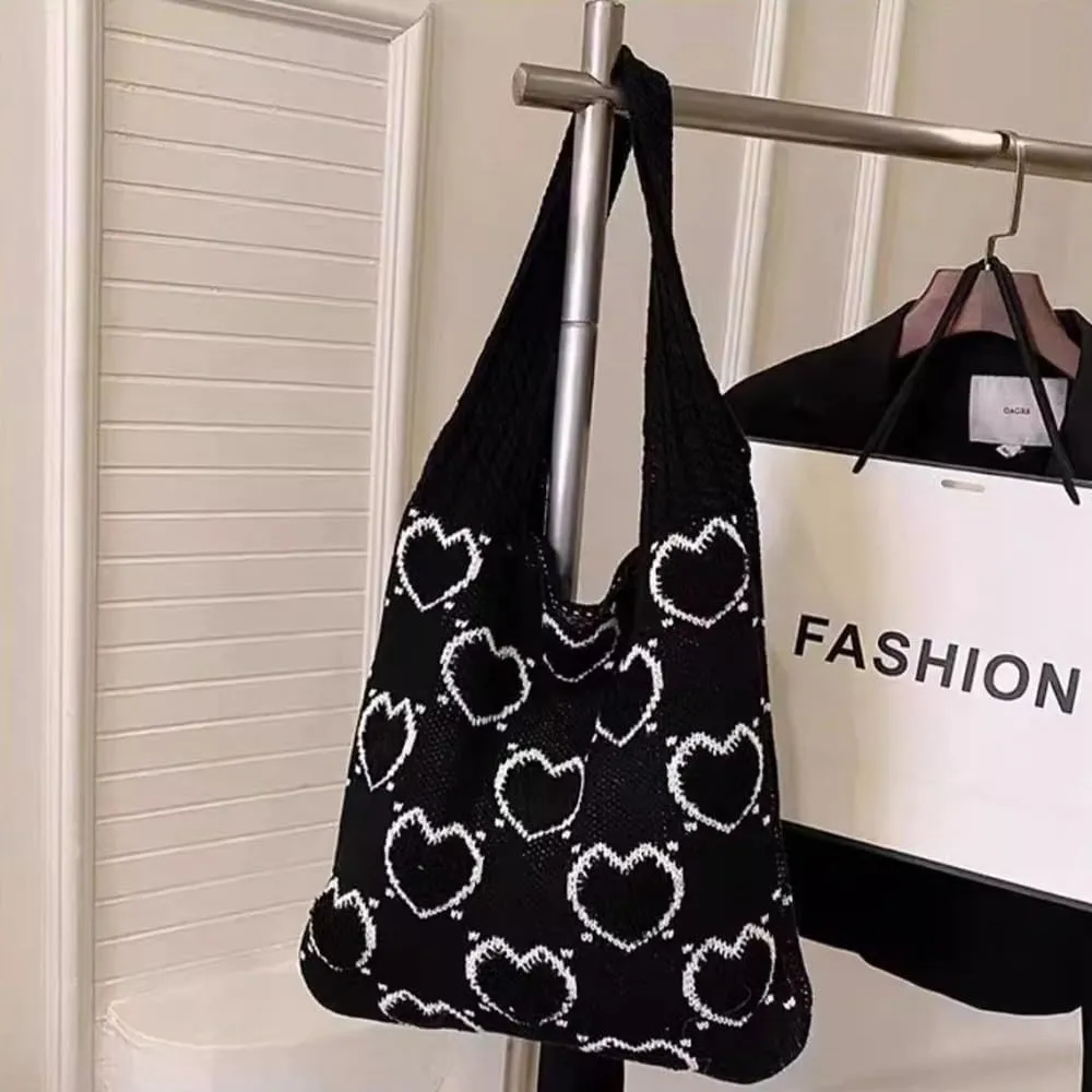 Crochet Bag Bow Purse for Women Coquette Aesthetic Hobo Bag Cute Shoulder Handbag Knitted Flower Printed Heart Tote Bag