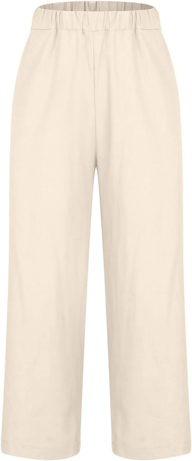 Cropped Linen Pants for Women Casual Lightweight Summer Pant Elastic Waist Plus Size Hiking Beach Trousers with Pocket