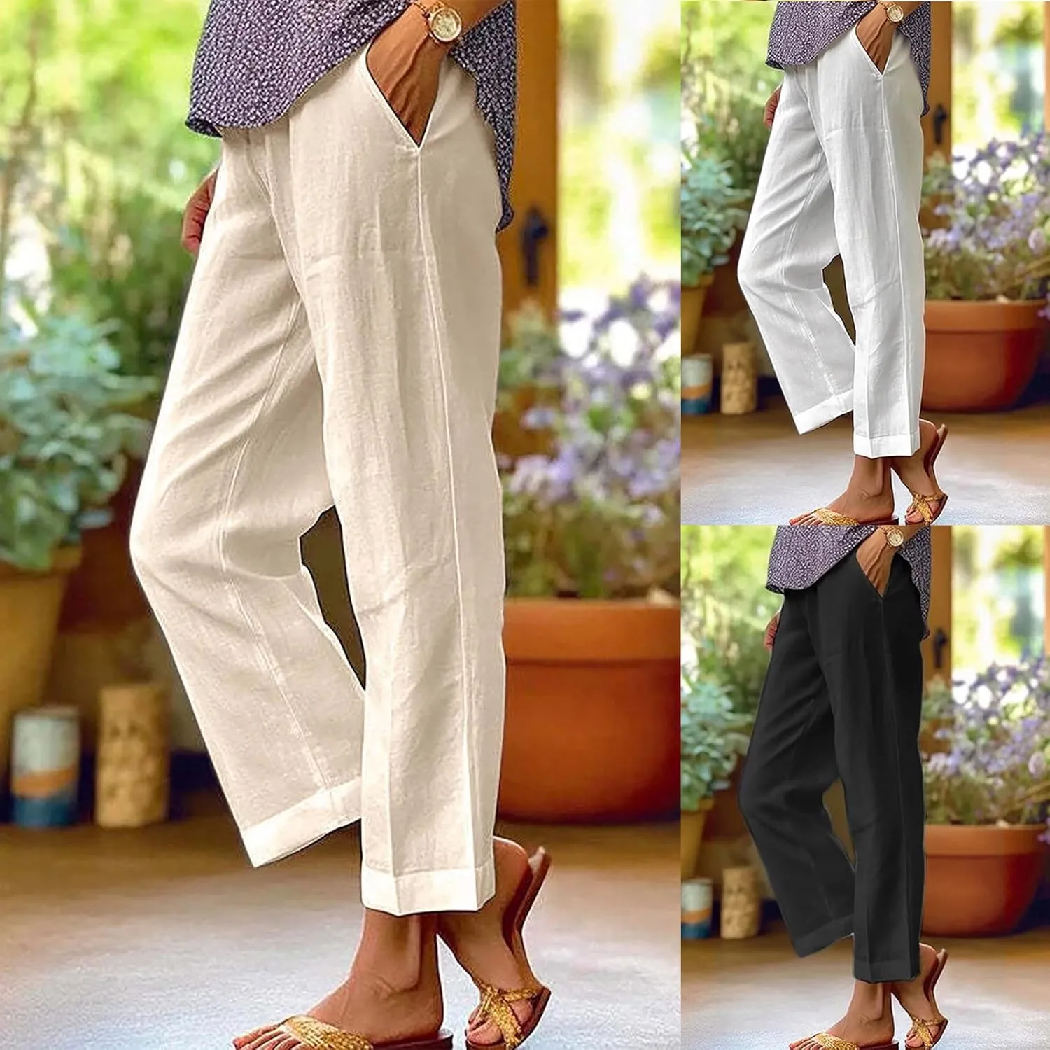 Cropped Linen Pants for Women Casual Lightweight Summer Pant Elastic Waist Plus Size Hiking Beach Trousers with Pocket