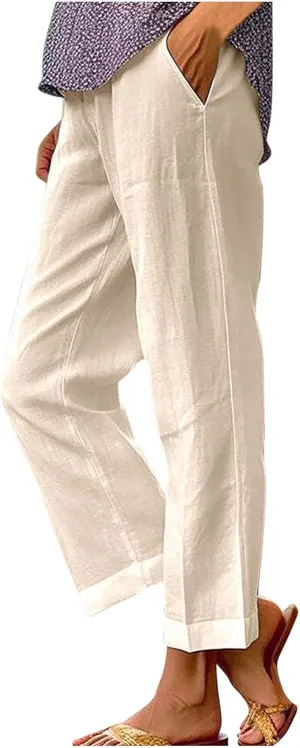 Cropped Linen Pants for Women Casual Lightweight Summer Pant Elastic Waist Plus Size Hiking Beach Trousers with Pocket