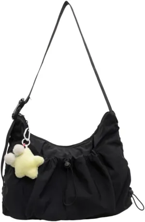 Crossbody Bags Casual Nylon Hobo Bag Lightweight Large Capacity Crescent Bag Aesthetic Dumpling Bag with Cute Pendant (Black)