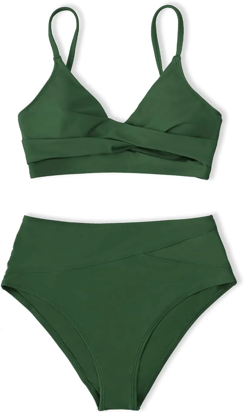 CUPSHE Women's Bikini Sets Two Piece Swimsuit High Waisted V Neck Twist Front Adjustable Spaghetti Straps Bathing Suit