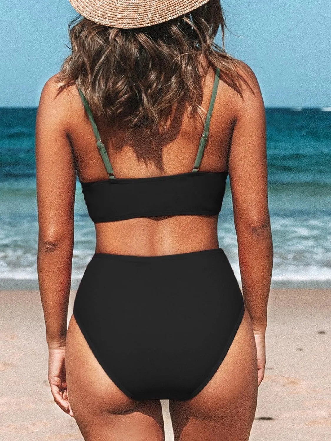 CUPSHE Women's Bikini Sets Two Piece Swimsuit High Waisted V Neck Twist Front Adjustable Spaghetti Straps Bathing Suit