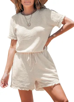 CUPSHE Women's Romper Knit Short Sleeve Straight Leg Fringe Jumpsuit Overall Beach Travel Vacation Outfit with Pockets
