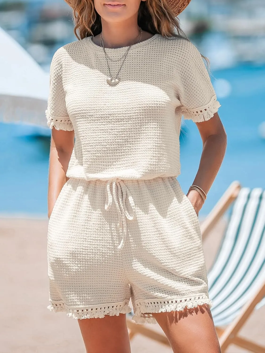 CUPSHE Women's Romper Knit Short Sleeve Straight Leg Fringe Jumpsuit Overall Beach Travel Vacation Outfit with Pockets