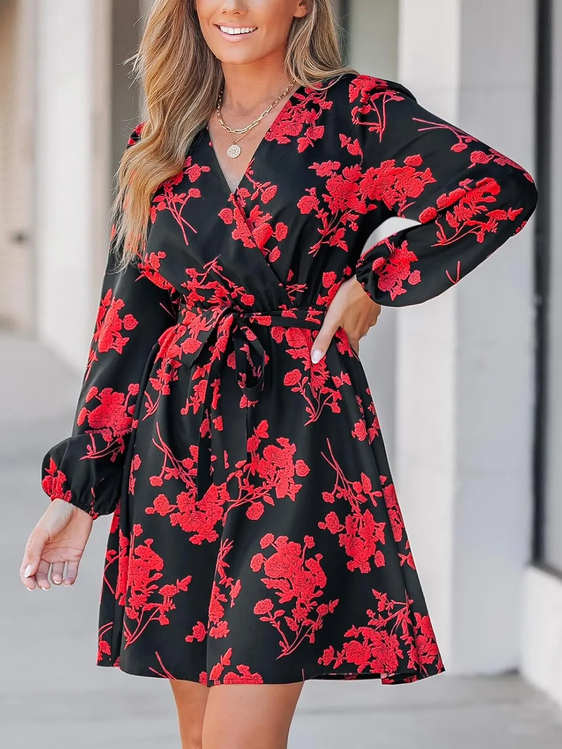 CUPSHE Women's V Neck Floral Print Belted Long Sleeve A-line Mini Dress