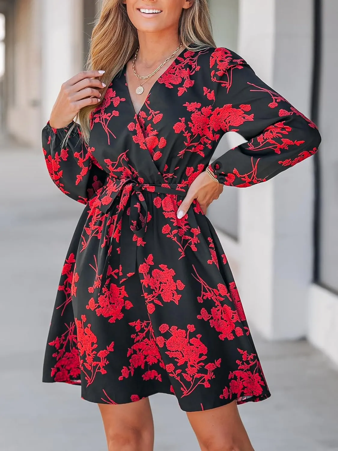 CUPSHE Women's V Neck Floral Print Belted Long Sleeve A-line Mini Dress