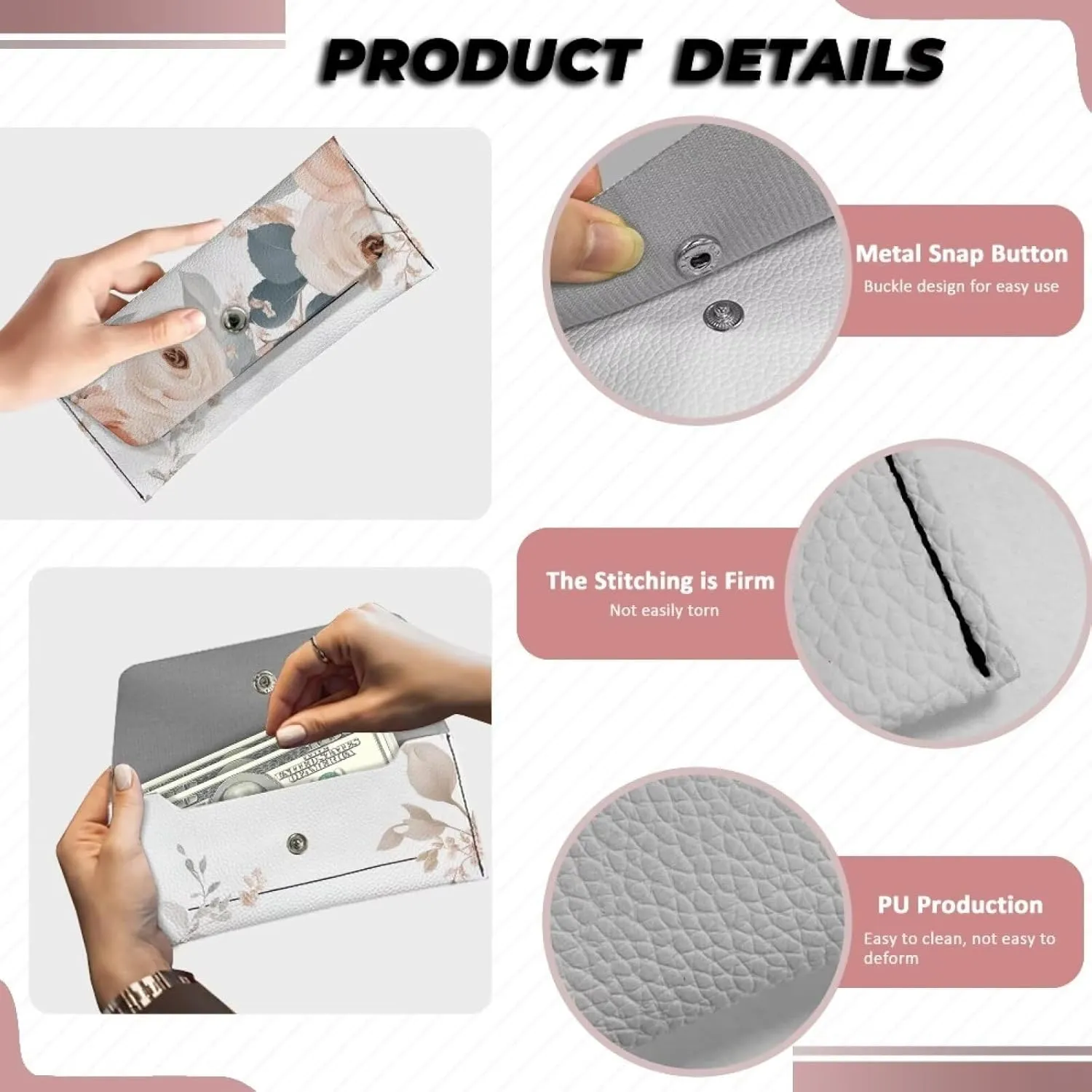 Customized Clutch Wallet for Women with Snap Button Ladies Casual Lightweight Waterproof Leather Cash Purse Pouch Big Girls Fashionable School Portable Clutch Bag for Daily Use