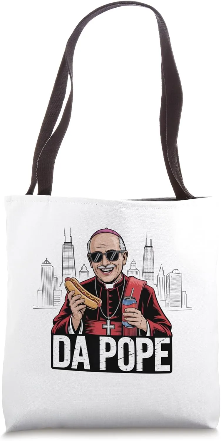 Da Pope Funny Chicago Hot Dog Beer Catholic Humor Skyline Tote Bag