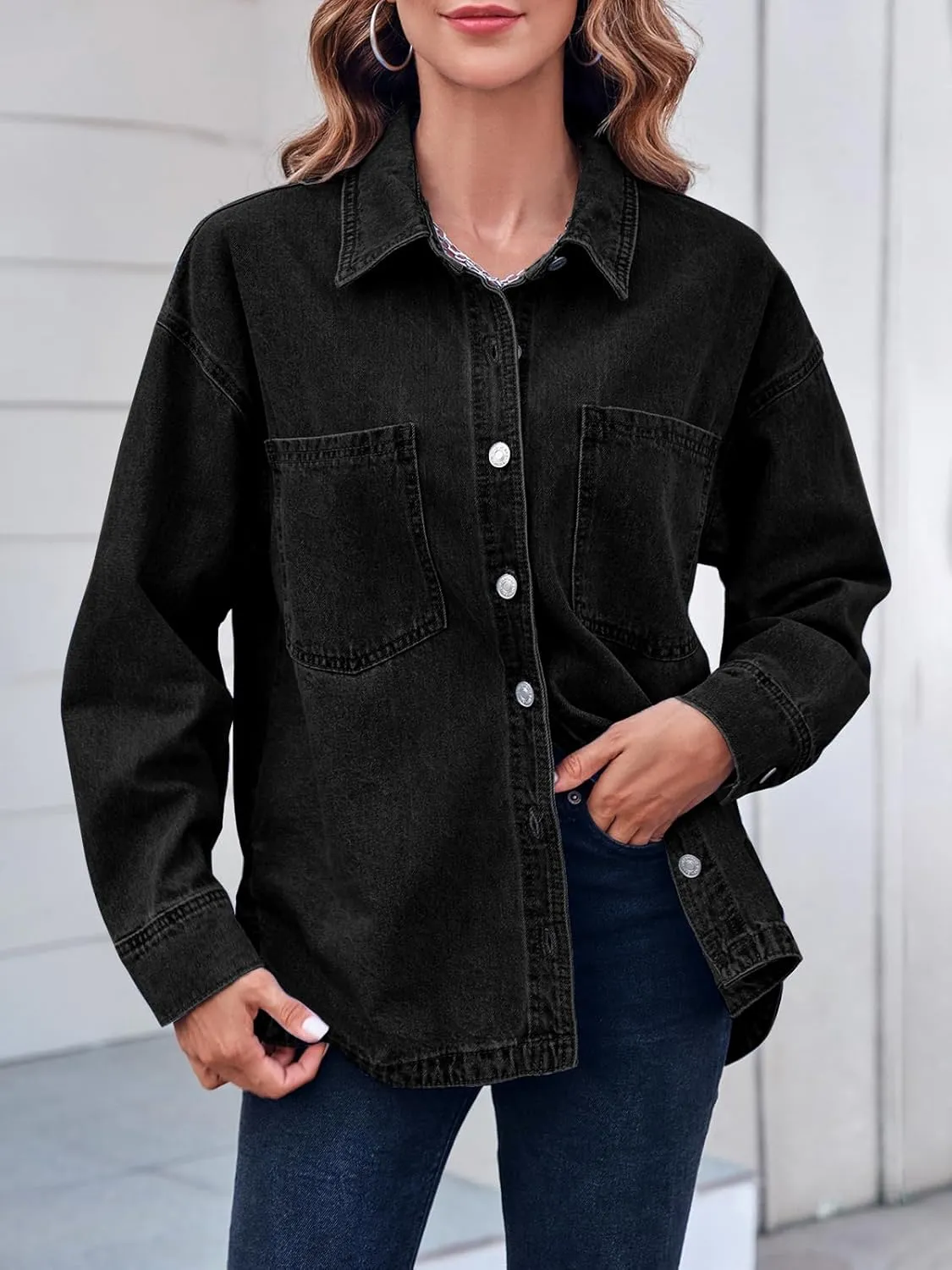 Danedvi Womens Oversized Denim Shirt Long Sleeve Button Down Boyfriend Jean Jacket with Pockets