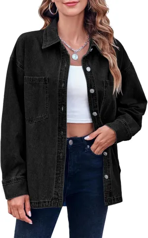 Danedvi Womens Oversized Denim Shirt Long Sleeve Button Down Boyfriend Jean Jacket with Pockets