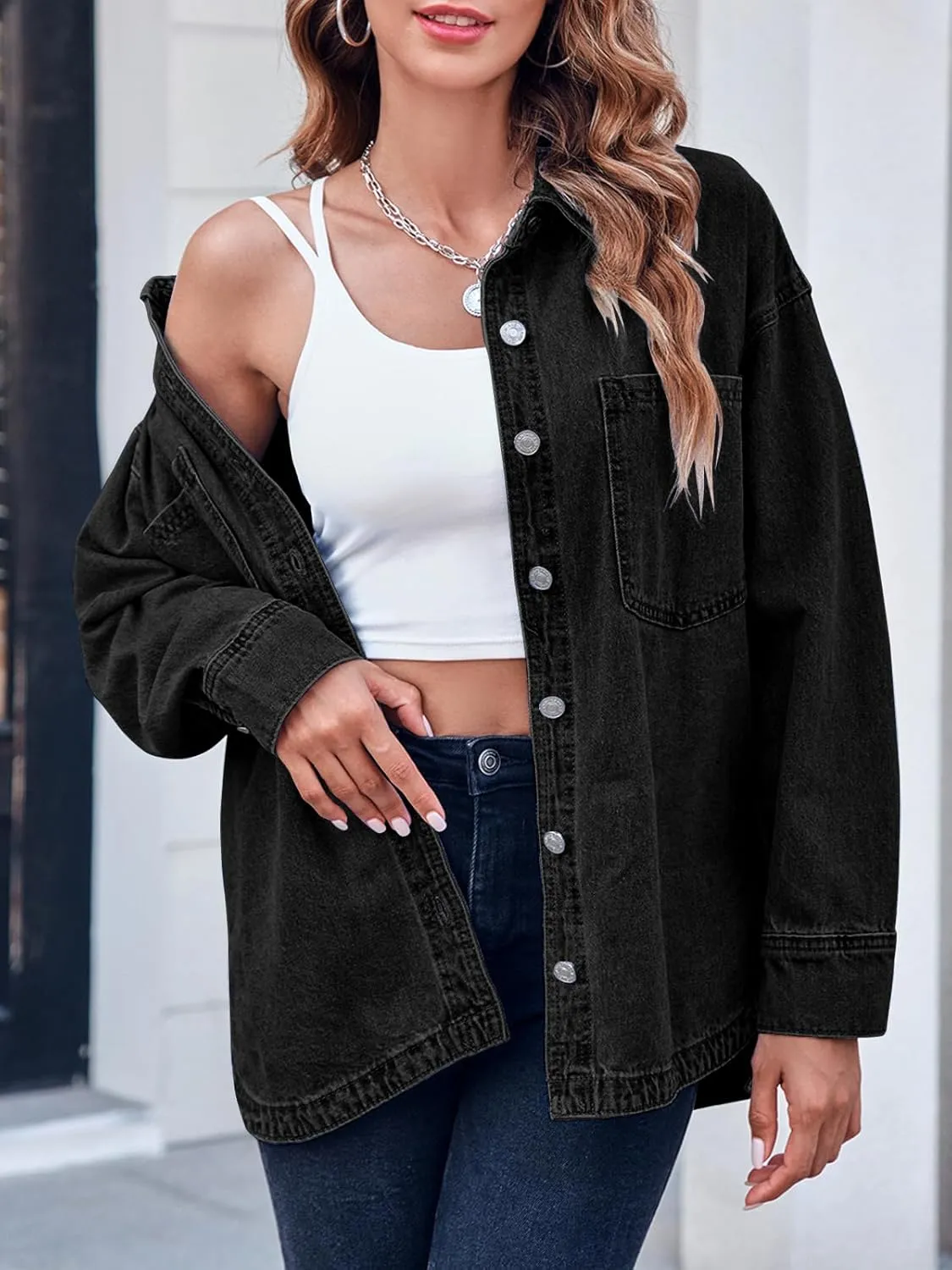 Danedvi Womens Oversized Denim Shirt Long Sleeve Button Down Boyfriend Jean Jacket with Pockets