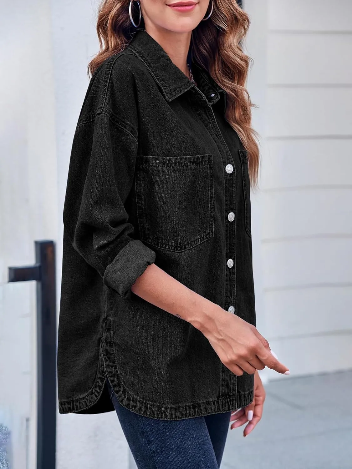 Danedvi Womens Oversized Denim Shirt Long Sleeve Button Down Boyfriend Jean Jacket with Pockets