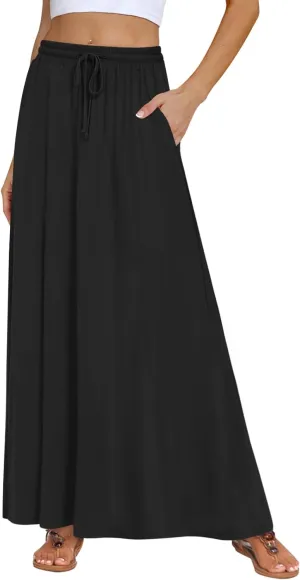 DB MOON Womens Maxi Skirt 2025 Casual Flowy Elastic High Waist Long Skirts with Pockets
