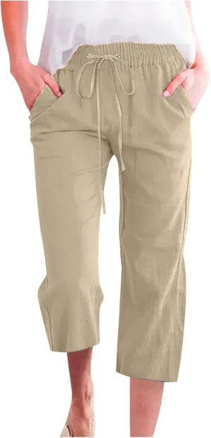 DDAPJ pyju Capri Pants for Women Plus Size Casual Drawstring High Waist Linen Pants Straight Leg Cropped Trouser with Pockets