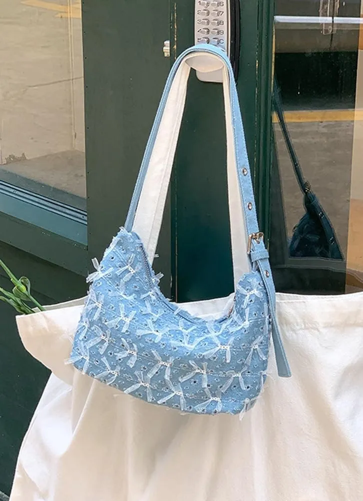 Denim Hobo Bag for Women Cute Bowknot Underarm Shoulder Bag Trendy Casual Purse Handbag with Zipper