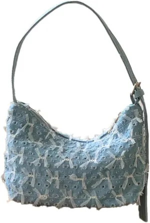 Denim Hobo Bag for Women Cute Bowknot Underarm Shoulder Bag Trendy Casual Purse Handbag with Zipper