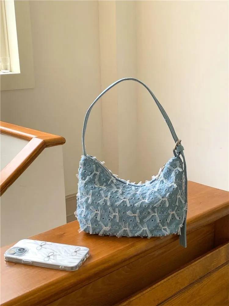 Denim Hobo Bag for Women Cute Bowknot Underarm Shoulder Bag Trendy Casual Purse Handbag with Zipper