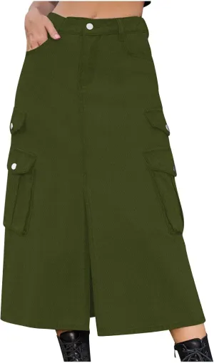 Denim Skirt for Women 2024 Casual A-Line Front Split Midi Skirt Teen Girls Cute High Waisted Jean Skirt with Pocket