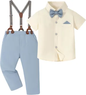 DISAUR Toddler Boys Semi Formal Outfit 3pcs Sets Short Dress Shirt Suspender Pants Bow Tie For 1-5 Years