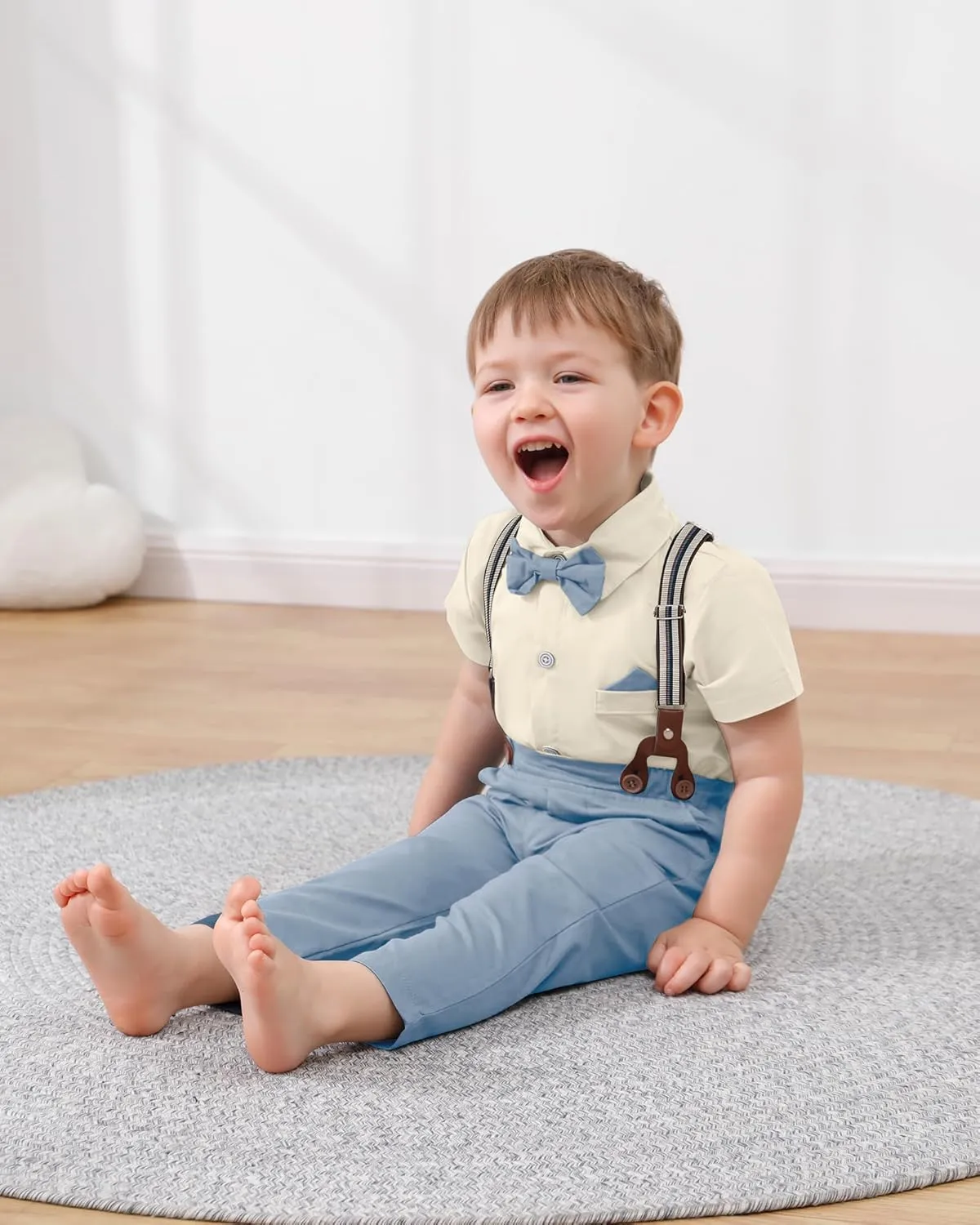 DISAUR Toddler Boys Semi Formal Outfit 3pcs Sets Short Dress Shirt Suspender Pants Bow Tie For 1-5 Years