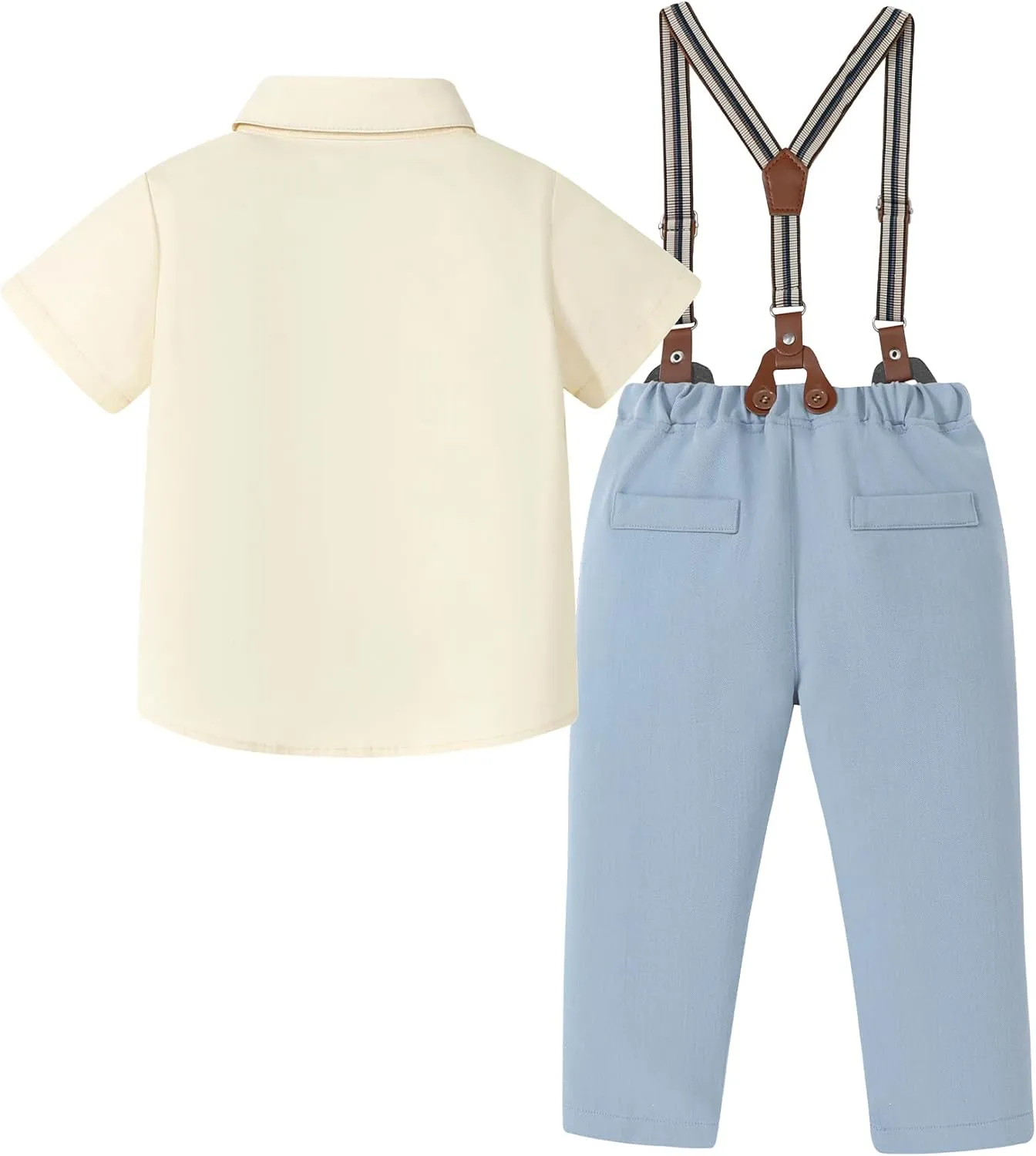 DISAUR Toddler Boys Semi Formal Outfit 3pcs Sets Short Dress Shirt Suspender Pants Bow Tie For 1-5 Years