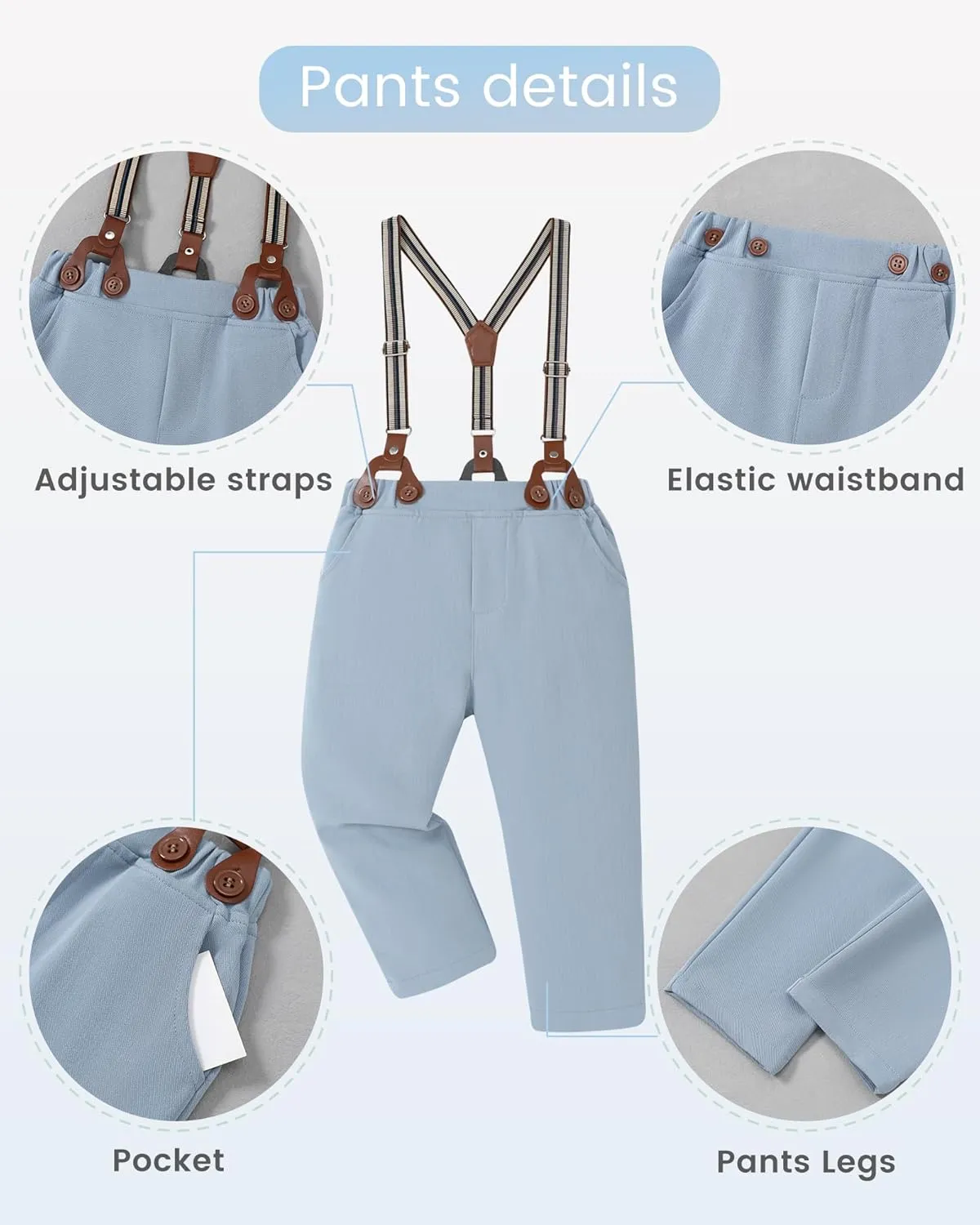 DISAUR Toddler Boys Semi Formal Outfit 3pcs Sets Short Dress Shirt Suspender Pants Bow Tie For 1-5 Years