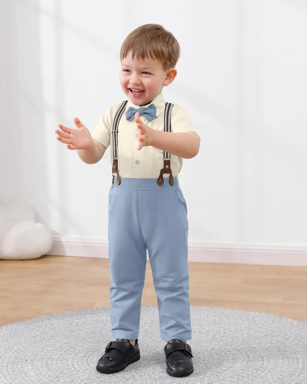 DISAUR Toddler Boys Semi Formal Outfit 3pcs Sets Short Dress Shirt Suspender Pants Bow Tie For 1-5 Years