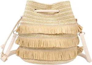 Drawstring Shoulder Bag Cotton Crochet Purse Weave Bucket Handbag