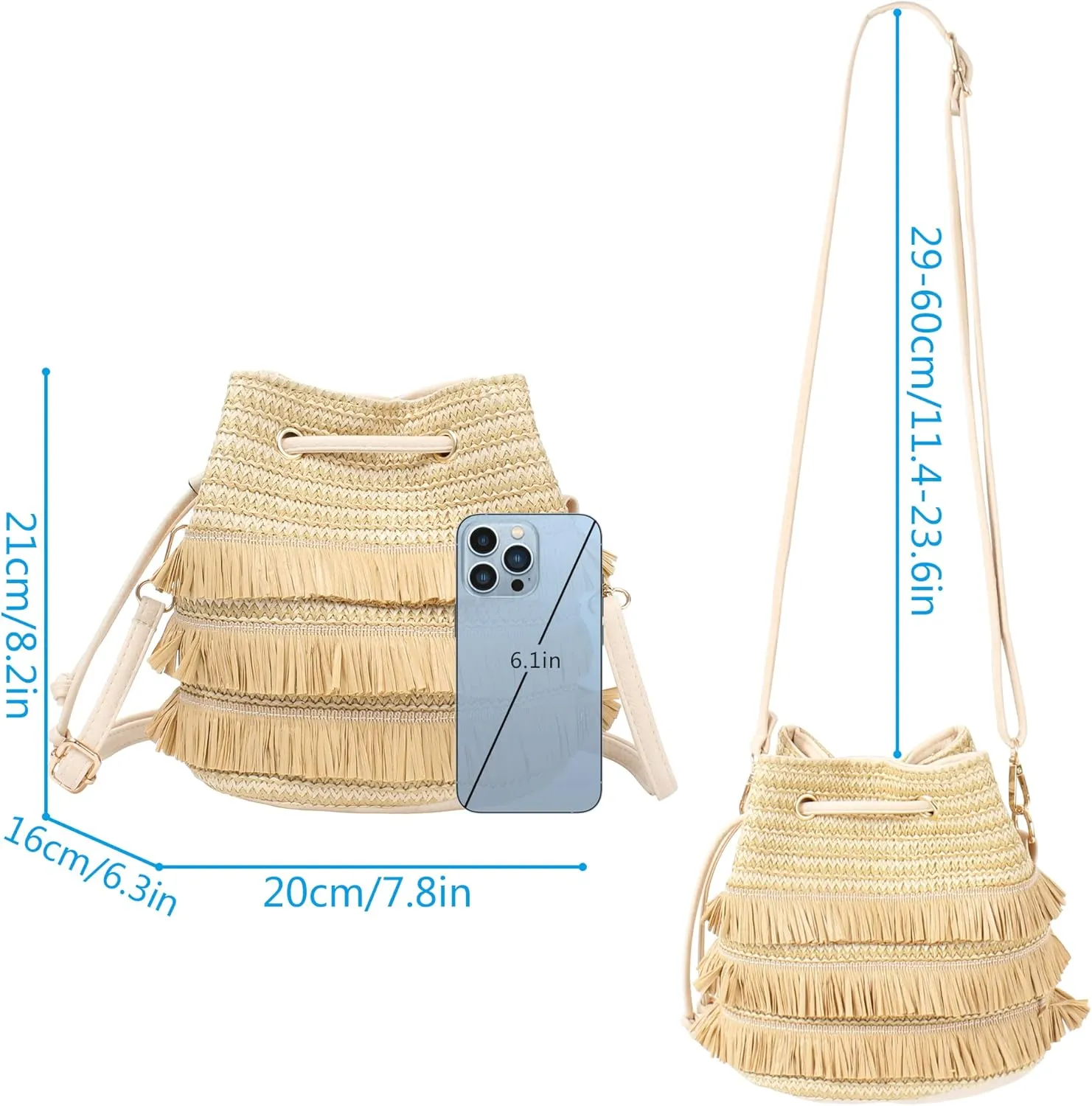Drawstring Shoulder Bag Cotton Crochet Purse Weave Bucket Handbag