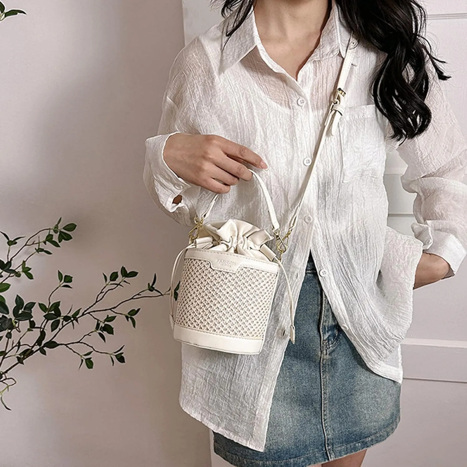 Drawstring Shoulder Bag Cotton Crochet Purse Weave Bucket Handbag