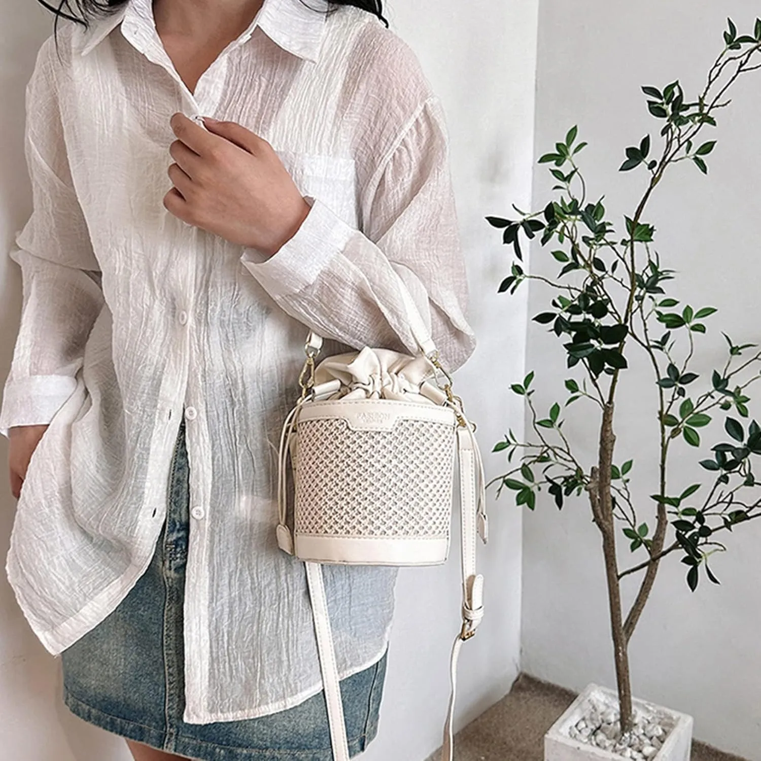 Drawstring Shoulder Bag Cotton Crochet Purse Weave Bucket Handbag