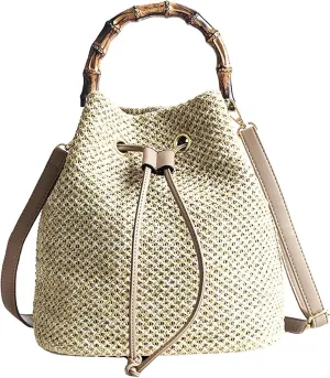Drawstring Shoulder Bag Cotton Crochet Purse Weave Bucket Handbag