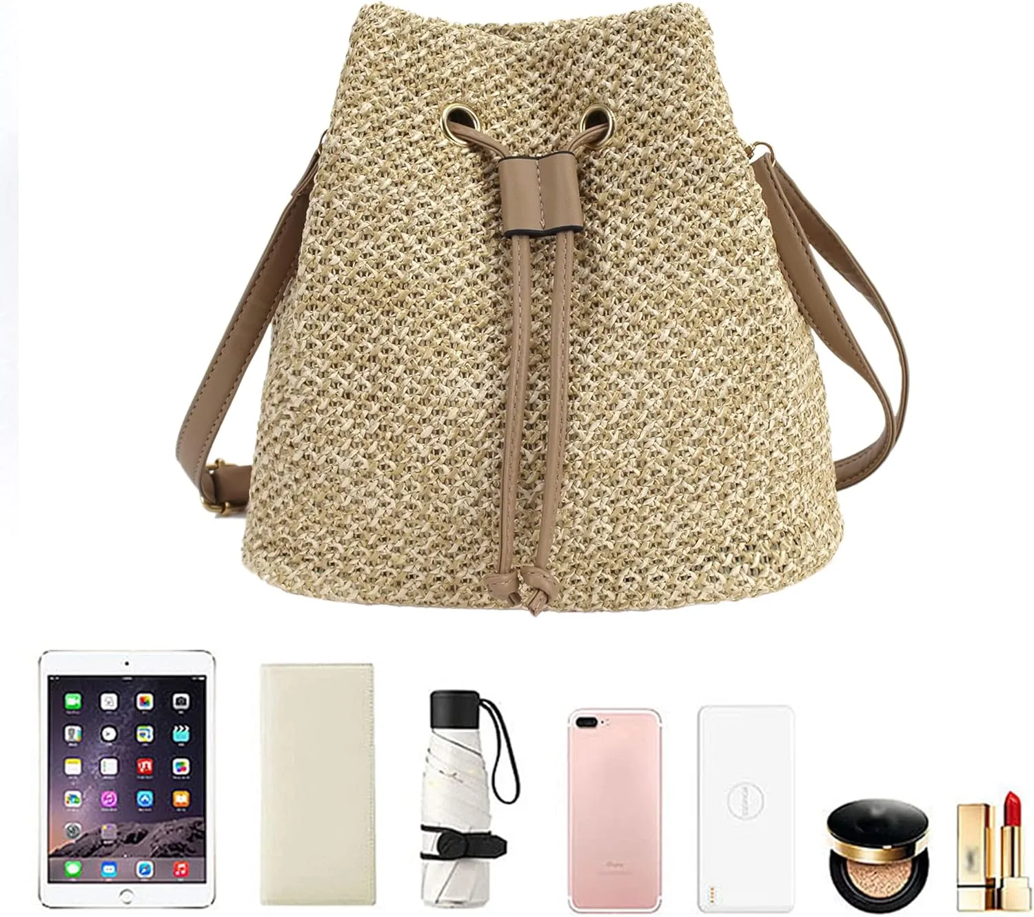 Drawstring Shoulder Bag Cotton Crochet Purse Weave Bucket Handbag