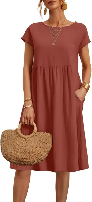 Dresses for Women 2024 Casual Summer Trendy Plus Size Short Sleeves Cute Midi Dress Boho Beach Sundress with Pockets