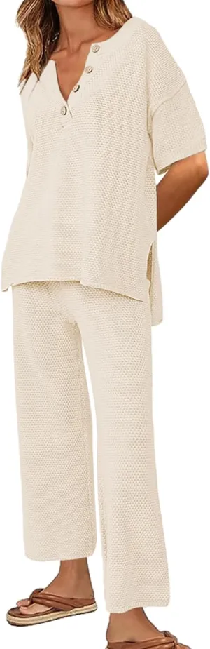 Ekouaer Lounge Sets for Women 2 Piece Pullover Sweater Set Knit Tops Wide Leg Pants Sweatsuits Casual Travel Outfits, S-XXL